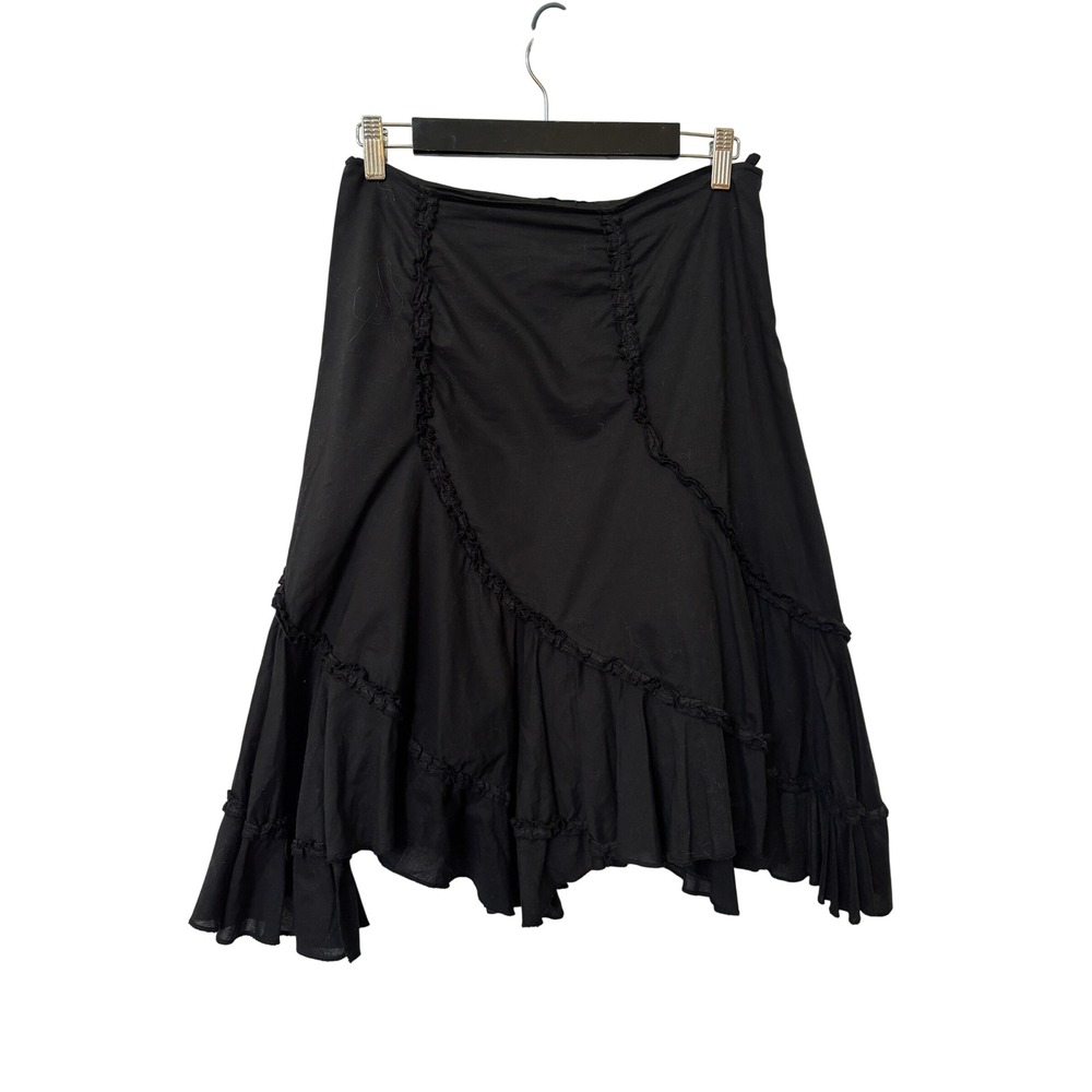 Black Ruffle Asymmetrical Midi Skirt Tiered Lace Trim Goth Whimsigoth Boho